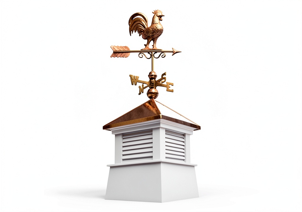 Good Directions cupola installed on a rooftop with a weathervane
