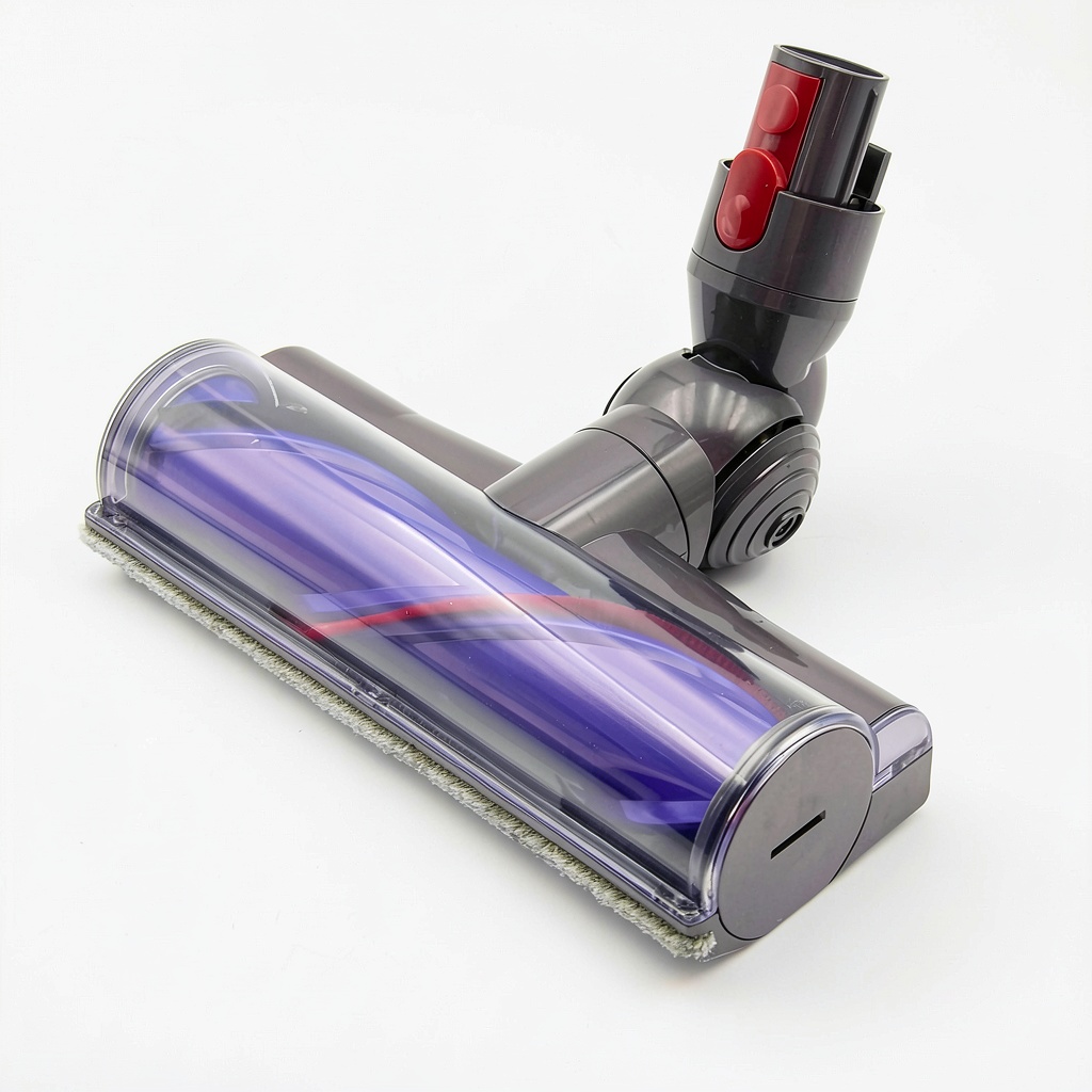 Installing Hedonlee Direct Drive Brush Head Replacement on a Dyson V10 stick vacuum, wooden floor background